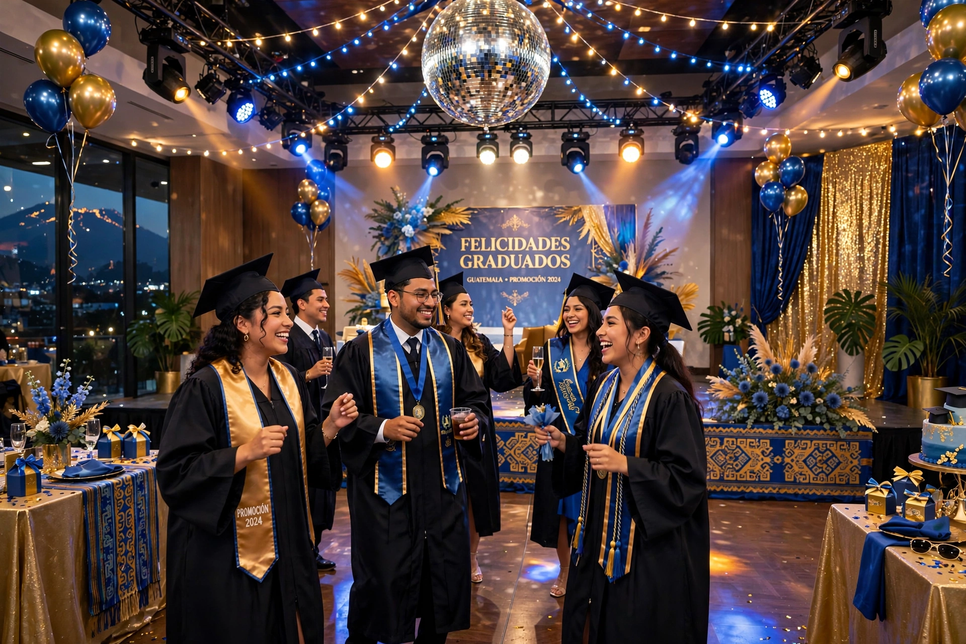 Discoteca para fiesta de graduación en Guatemala - graduandos celebrando con luces de discoteca